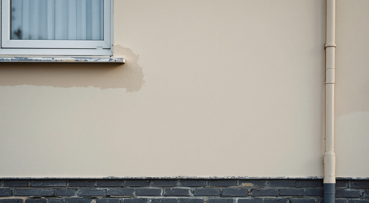 Façade récemment recouverte d'un enduit clair débordant sur un appui métallique et une grille d'aération