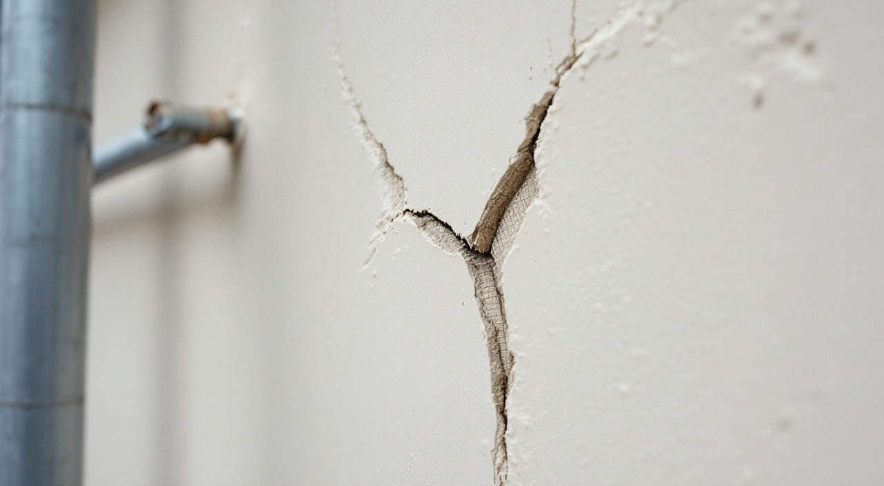 Fissure fine réapparue en diagonale dans un enduit de façade fraîchement repeint, au-dessus d'une bande de renfort recouverte