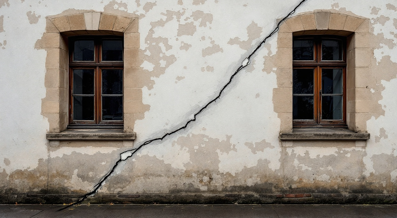 Façade ancienne d'une maison de bourg avec un témoin en plâtre posé sur une fissure de l'enduit à la chaux