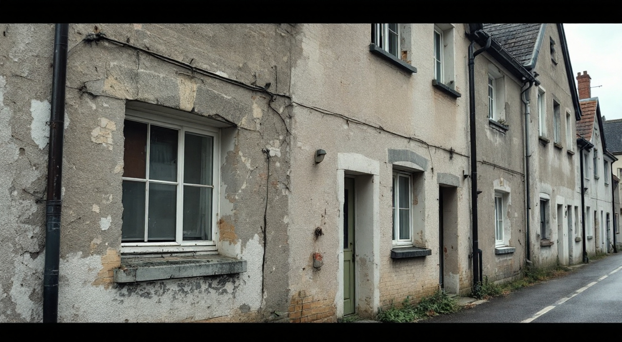 Rangée de maisons ouvrières des années 1960 au même gabarit, dont un pignon dégagé plus sombre que la façade voisine
