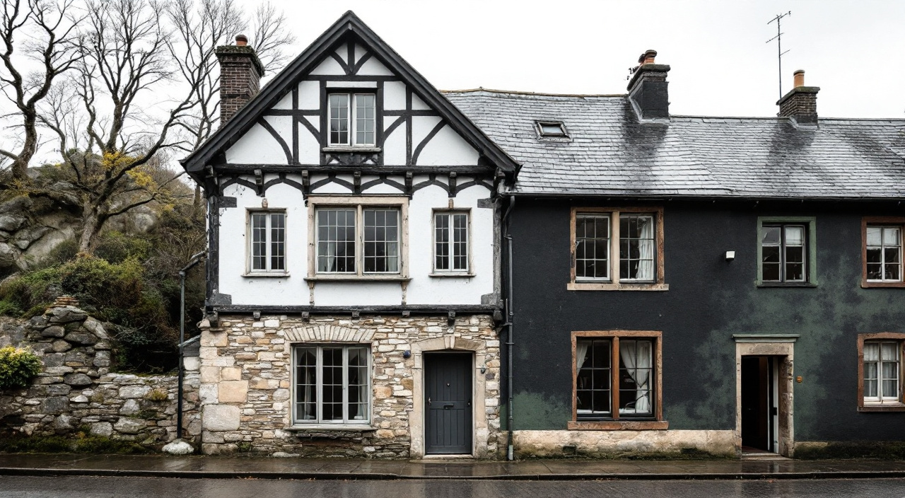 Maison de bourg dont le pignon ouest lessivé et le mur nord verdi montrent deux vieillissements différents sous le même enduit