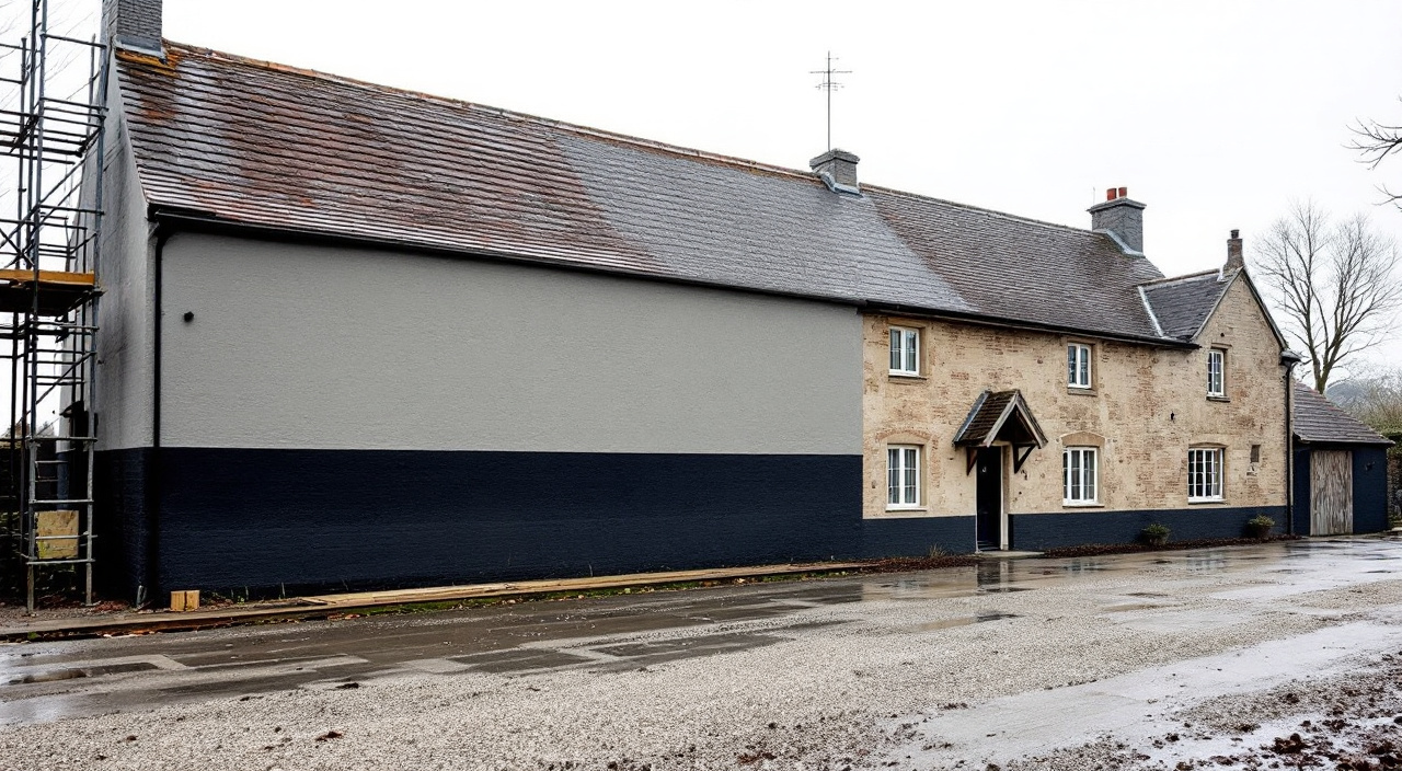 Façade de longère normande à moitié recouverte d'un enduit gris uniforme, l'autre moitié laissant voir la maçonnerie ancienne de silex et de brique
