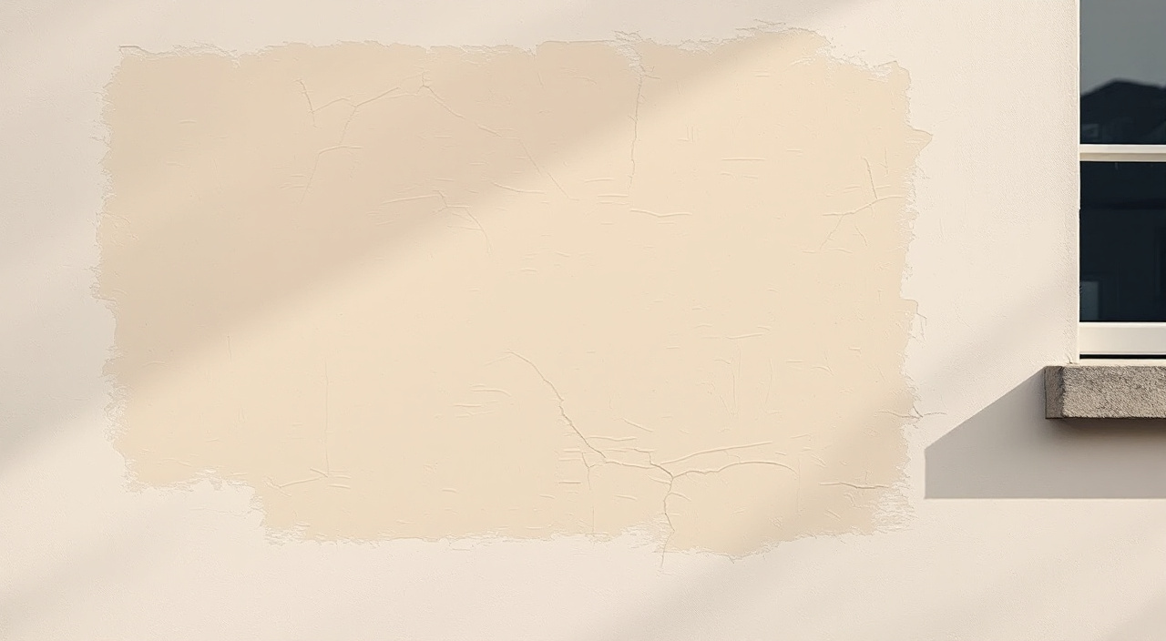 Façade beige en lumière rasante où les rebouchages et une bande de calicot transparaissent sous la peinture