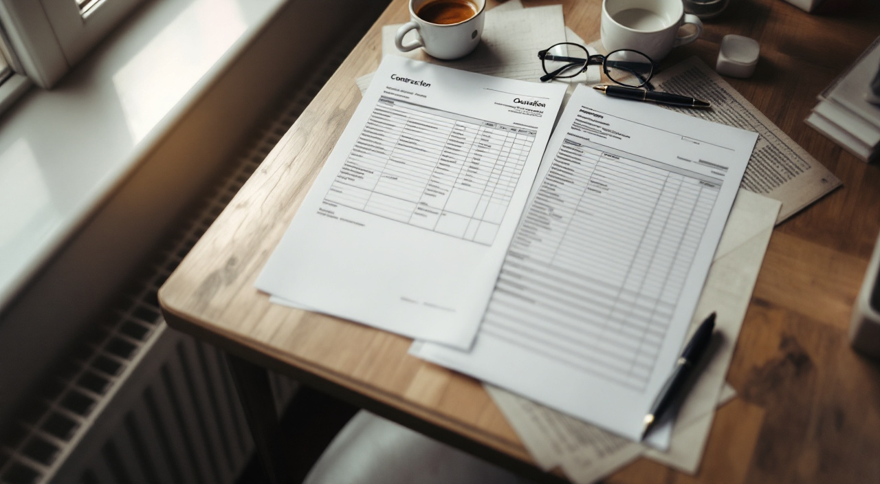Deux documents d'entreprise posés côte à côte sur une table, l'un long et détaillé, l'autre réduit à une seule page, avec un stylo et des lunettes