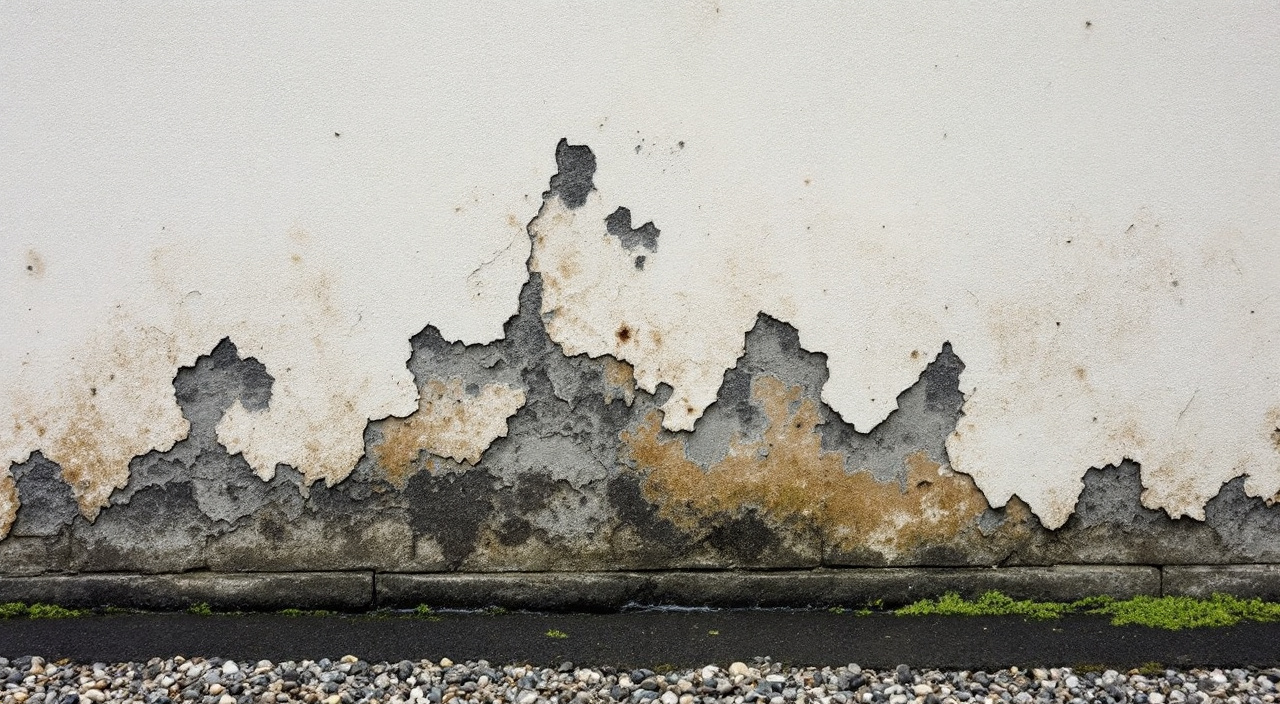 Enduit de façade cloqué et décollé par plaques sur un pignon humide, laissant apparaître le support gris