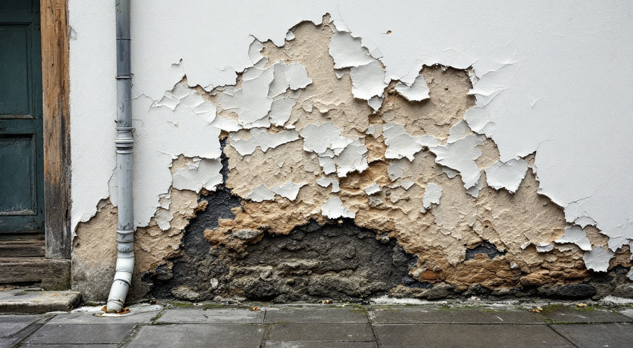 Revêtement plastique épais décollé en plaques sur un mur ancien de bourg, laissant voir l'enduit à la chaux dégradé