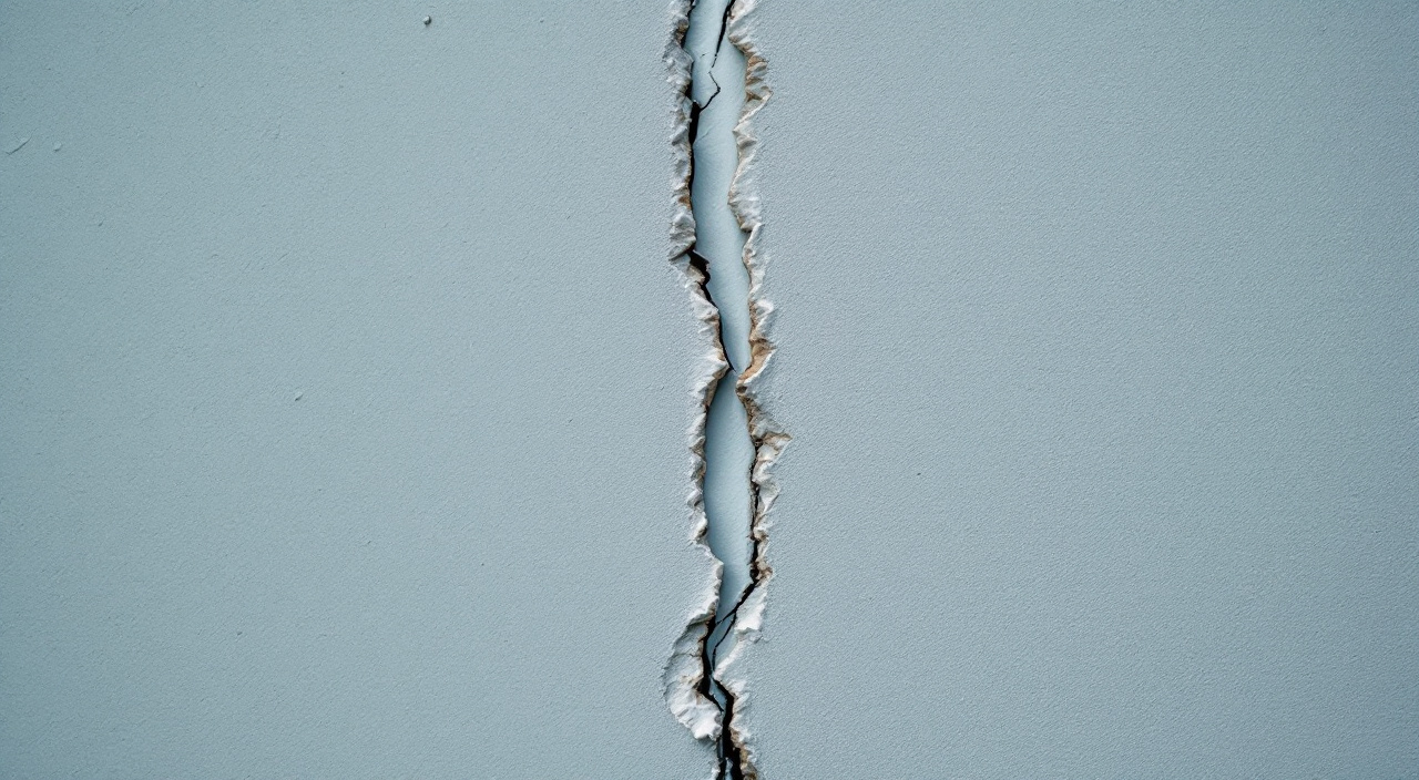 Fissure rouverte à travers un revêtement de façade récent, le film déchiré et cloqué de part et d'autre du tracé