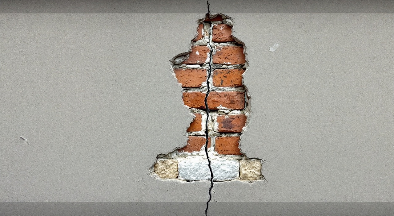 Fissure fine suivant le contour d'un chaînage de brique dans un enduit monocouche sur un mur mixte pierre et brique