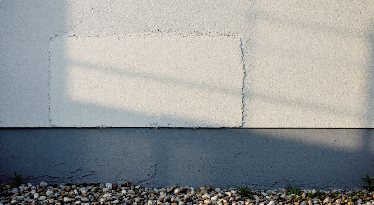 Façade dont une zone rectangulaire a été repeinte, le raccord plus clair laissant réapparaître une fissure fine à son angle inférieur.