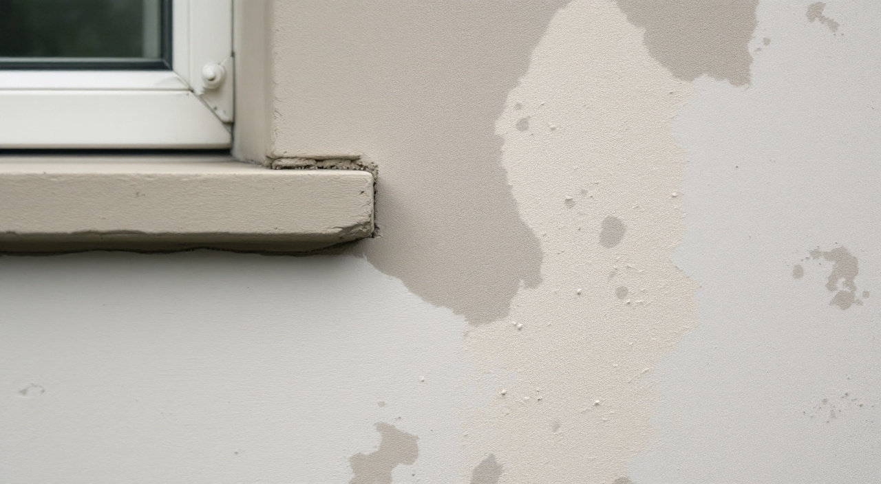 Tranche d'un enduit de façade visible au droit d'un tableau de fenêtre, laissant apparaître son épaisseur réelle