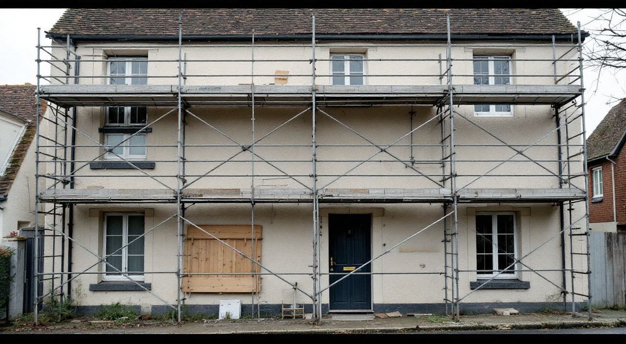 Échafaudage monté contre une façade, chantier à l'arrêt
