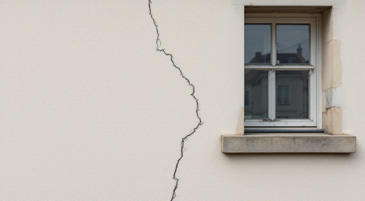 Fissures fines dessinant le contour rectangulaire d'une ancienne ouverture bouchée sur un enduit monocouche beige clair