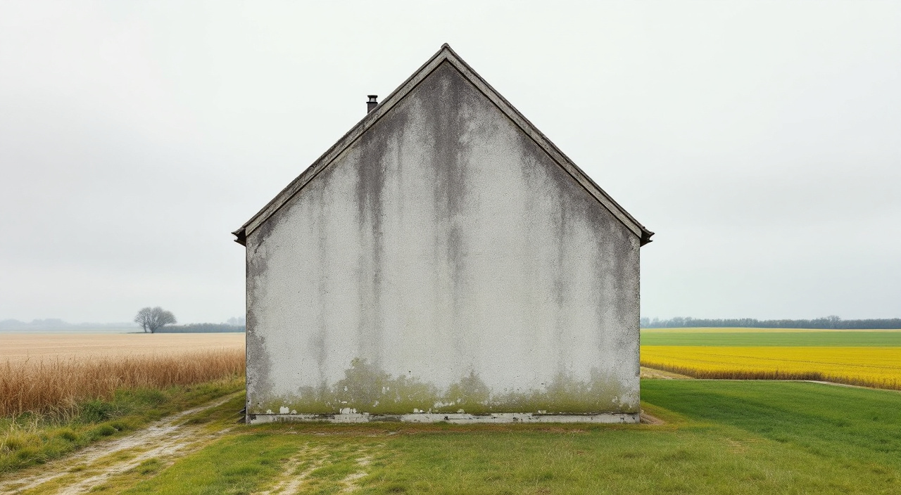 Pignon ouest d'une maison isolée sur la plaine du Neubourg, enduit terni et verdi sous un appui de fenêtre, alors que la façade voisine reste propre