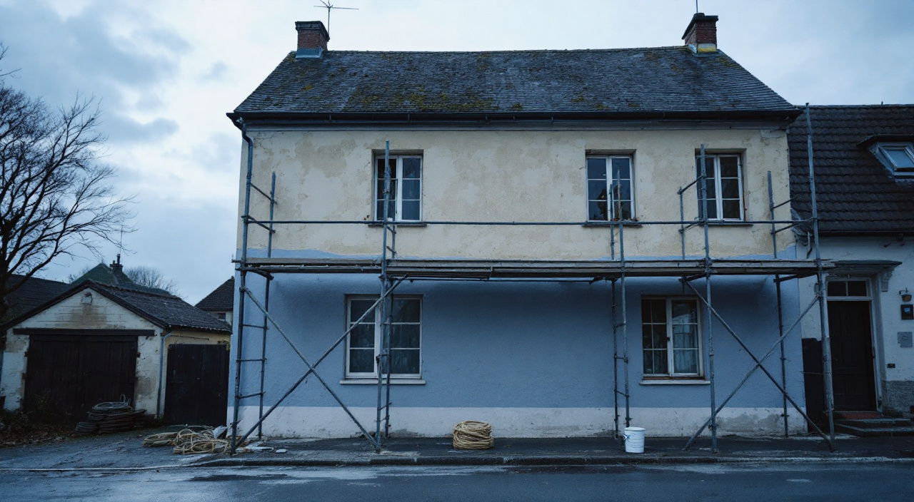 Façade partiellement ravalée en fin de journée, échafaudage démonté et matériel abandonné sur le trottoir