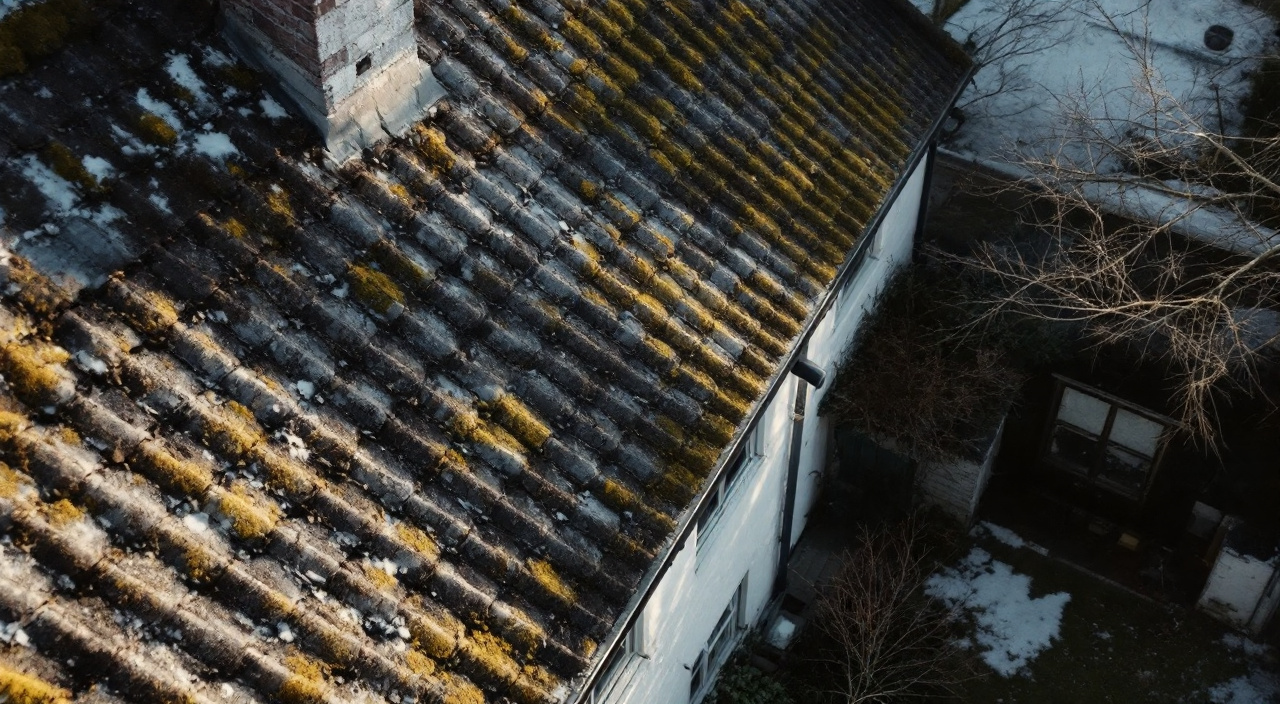 Vue aérienne oblique d'une maison, toiture nette au premier plan et pignon enduit fuyant vers le bas en forte perspective sous une lumière rasante