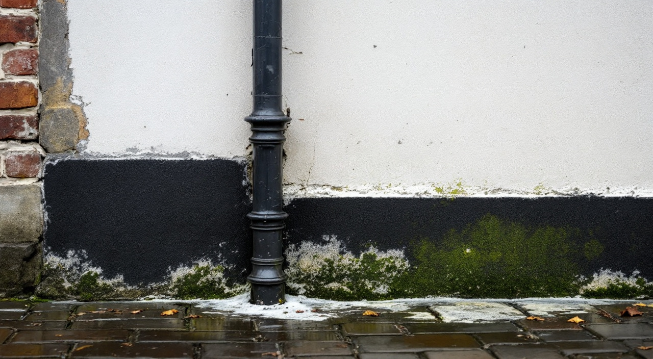 Bas d'une façade ancienne marqué par une frange sombre d'humidité, des efflorescences blanches et un voile vert