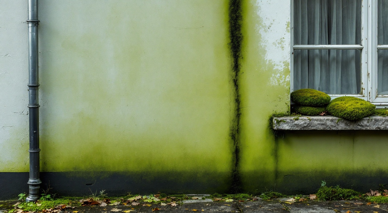 Mur de façade enduit envahi d'un voile vert, avec une traînée plus foncée le long d'une descente d'eau et de la mousse sur l'appui de fenêtre