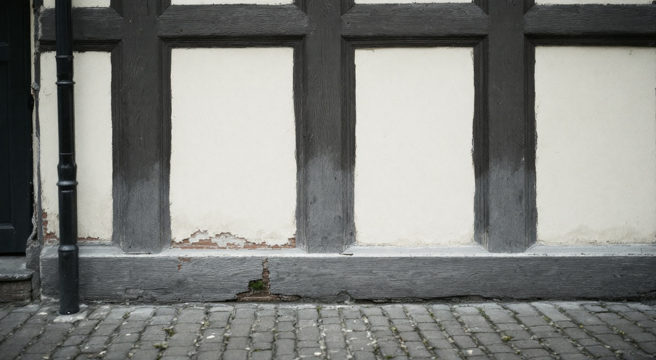 Pied de façade à colombage repeint en clair, avec une cloque de peinture ouverte au pied d'un poteau laissant voir le bois gris dessous.