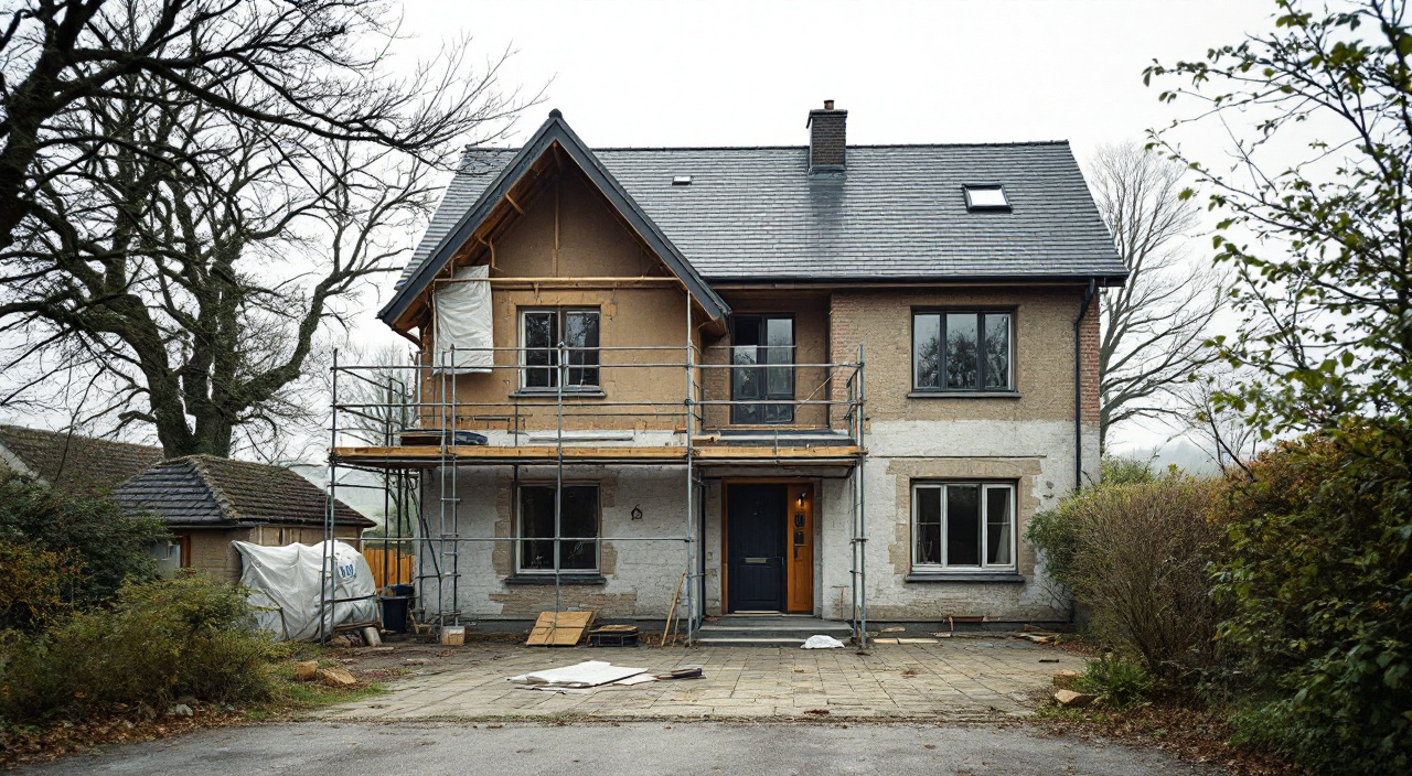 Façade de pavillon à moitié décapée sous échafaudage, chantier désert en début de matinée