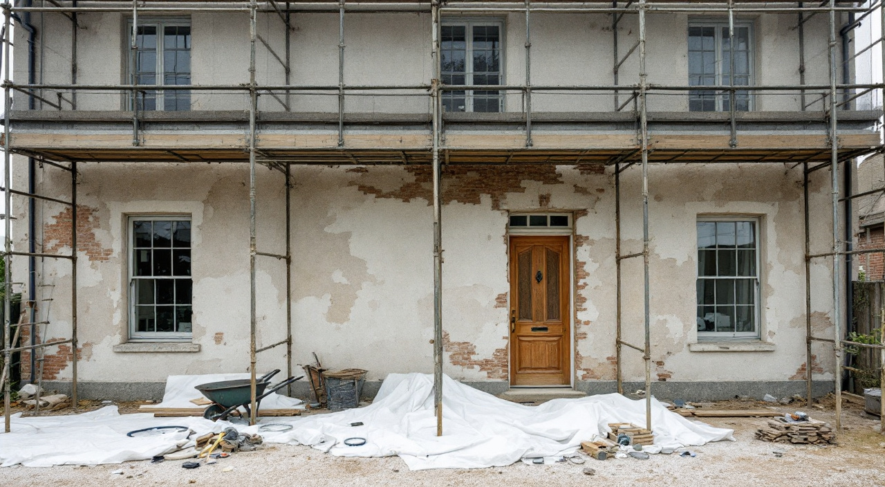 Façade sous échafaudage, ancien enduit piqué par plaques laissant apparaître la maçonnerie brute en dessous