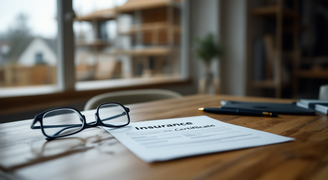 Attestation d'assurance imprimée posée sur une table en bois, avec des lunettes et un stylo, devant une fenêtre