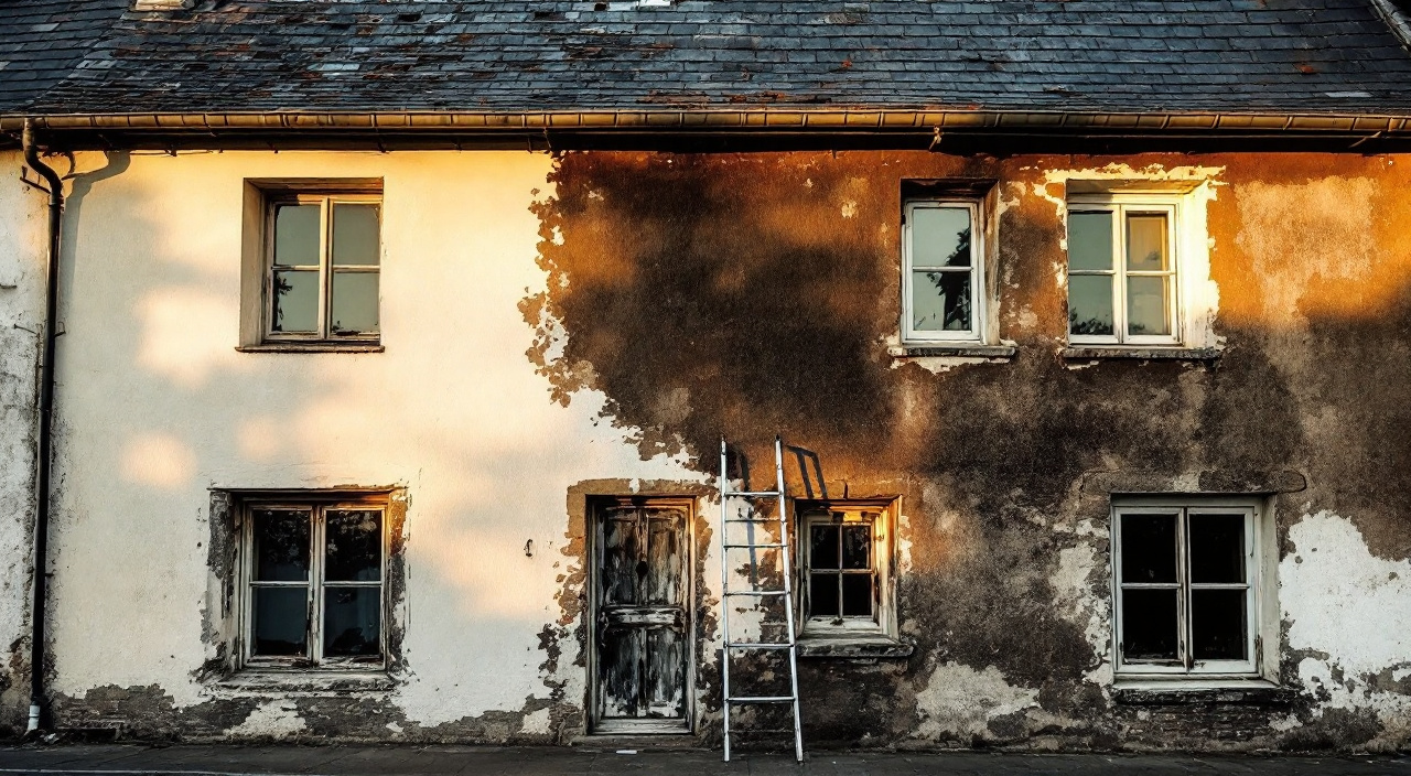 Façade de maison avec une échelle appuyée sous le débord de toit, enduit neuf s'arrêtant net à mi-hauteur du dernier niveau