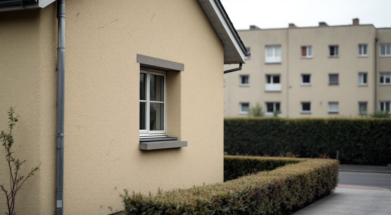 Pignon enduit d'un pavillon au premier plan, façade lisse d'un immeuble collectif au second plan, même revêtement beige sur les deux murs.